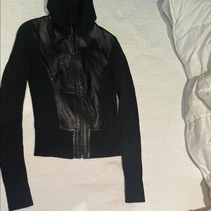 Elie Tahari Black Knit Zip Hoodie with lamb leather front